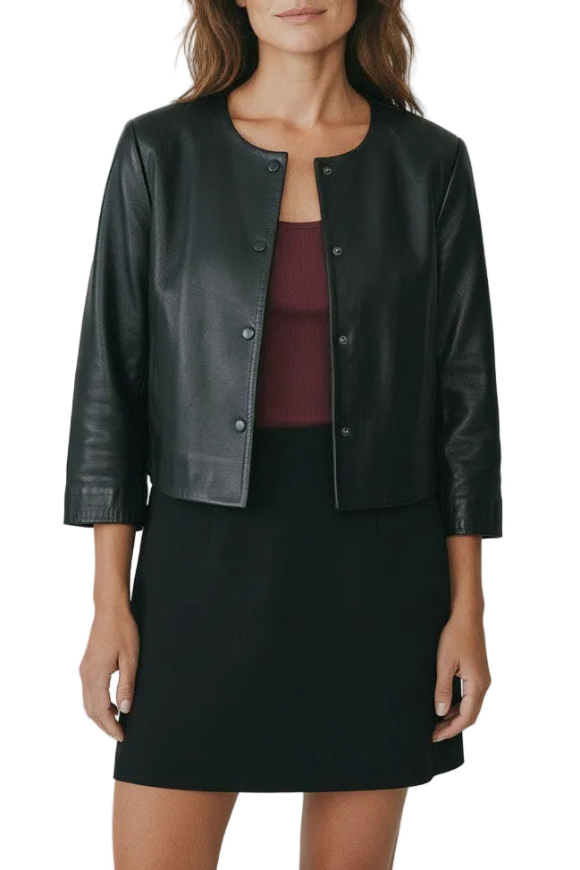 Cropped Bracelet Sleeve Leather Jacket