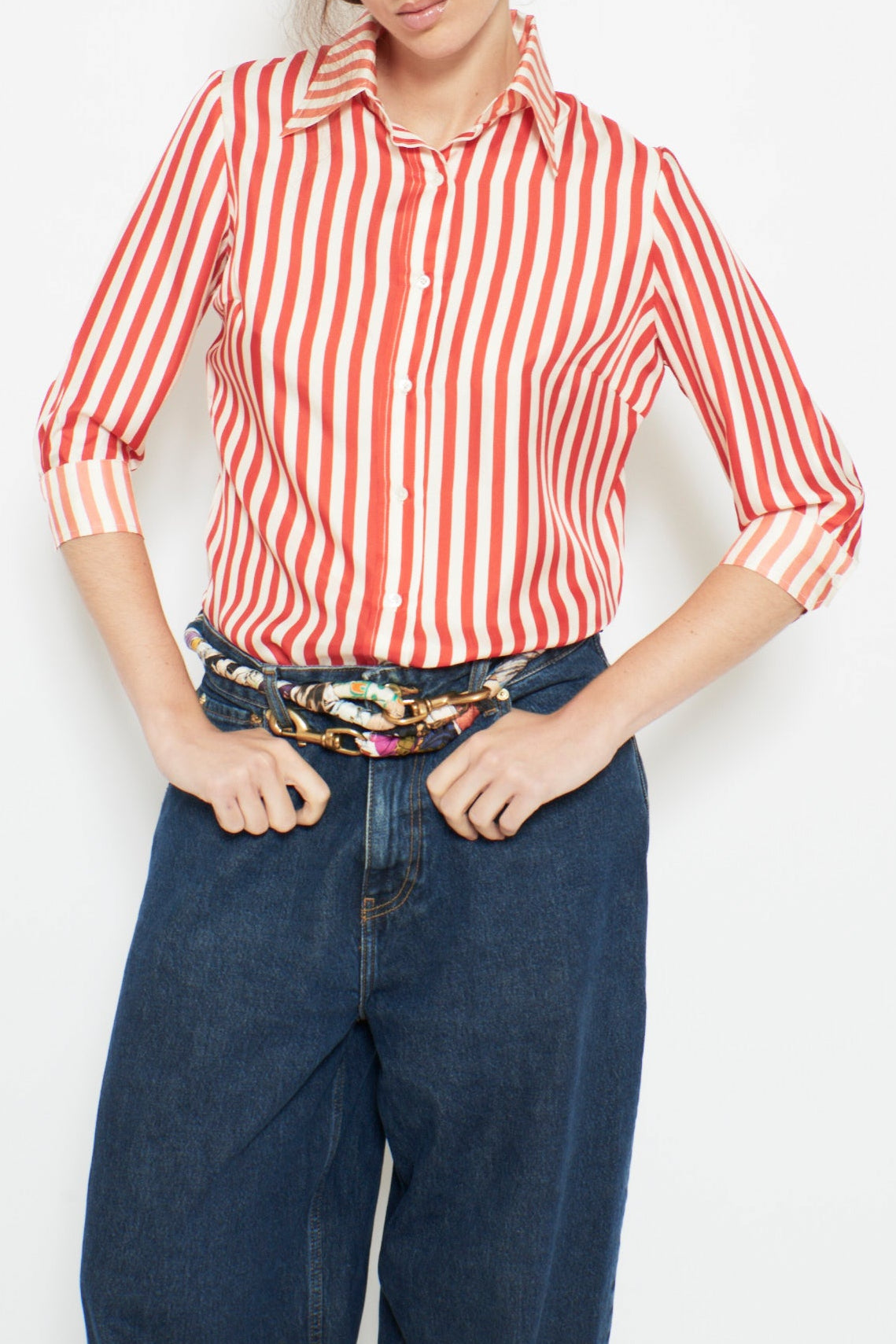 EMMANUELLE Womenβs Shirt | Mix Raye Coquelicot Ecru Stylish Shirt