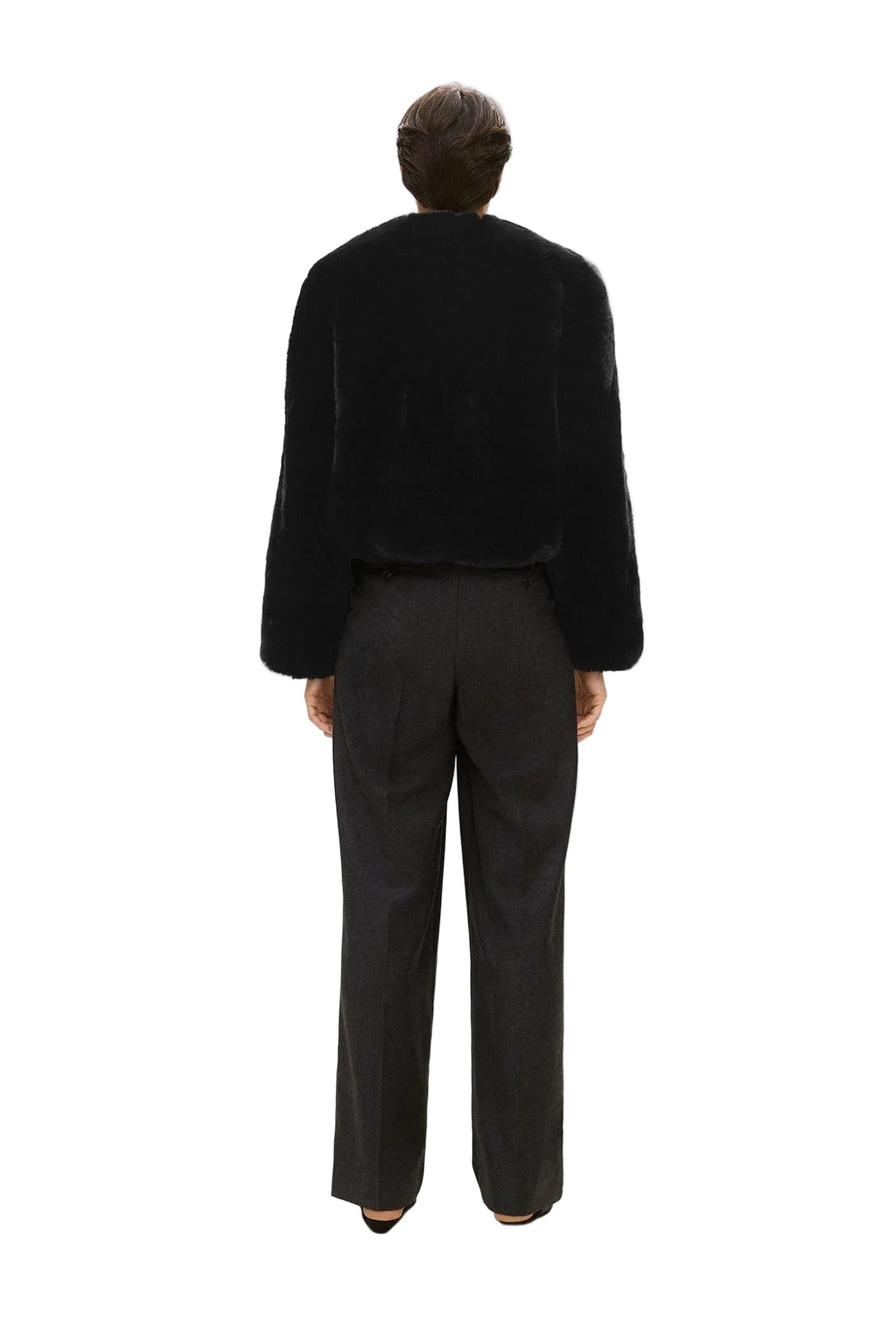 V-Neck Jacket in Faux Fur Black