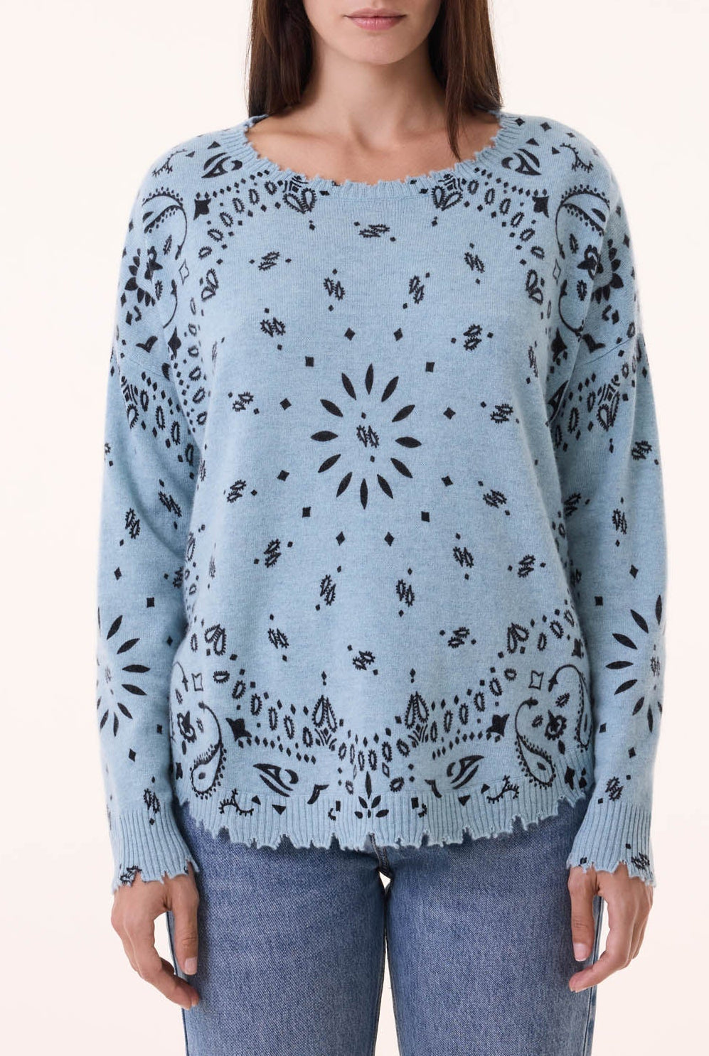 Kujten Mela Bandana cashmere sweater, blue colorway - front full length