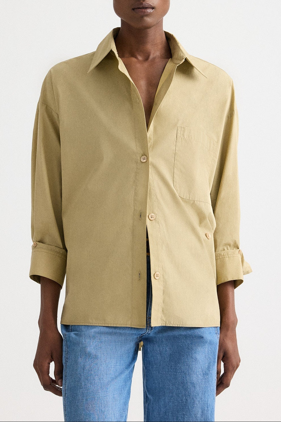 New Earl Cotton Poplin Shirt, Olive Grey - front view on model, alternate angle