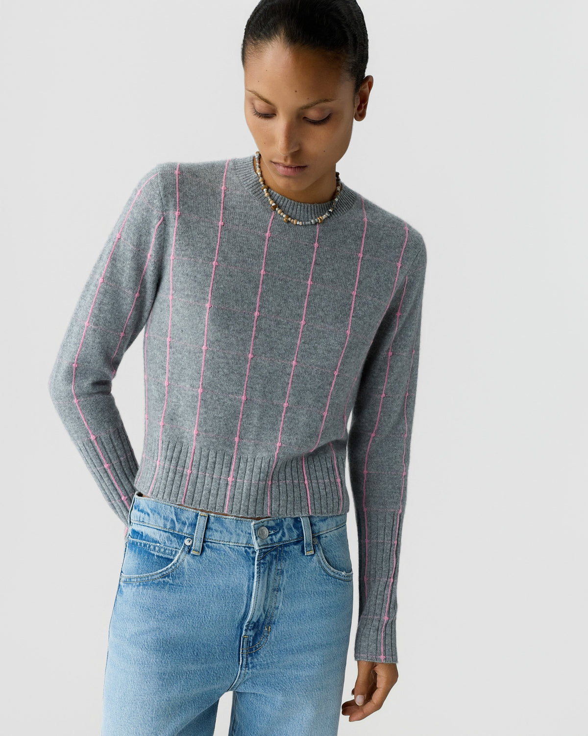 Guest In Residence Shrunken Checker Crew in Heather Grey Sprinkle close up