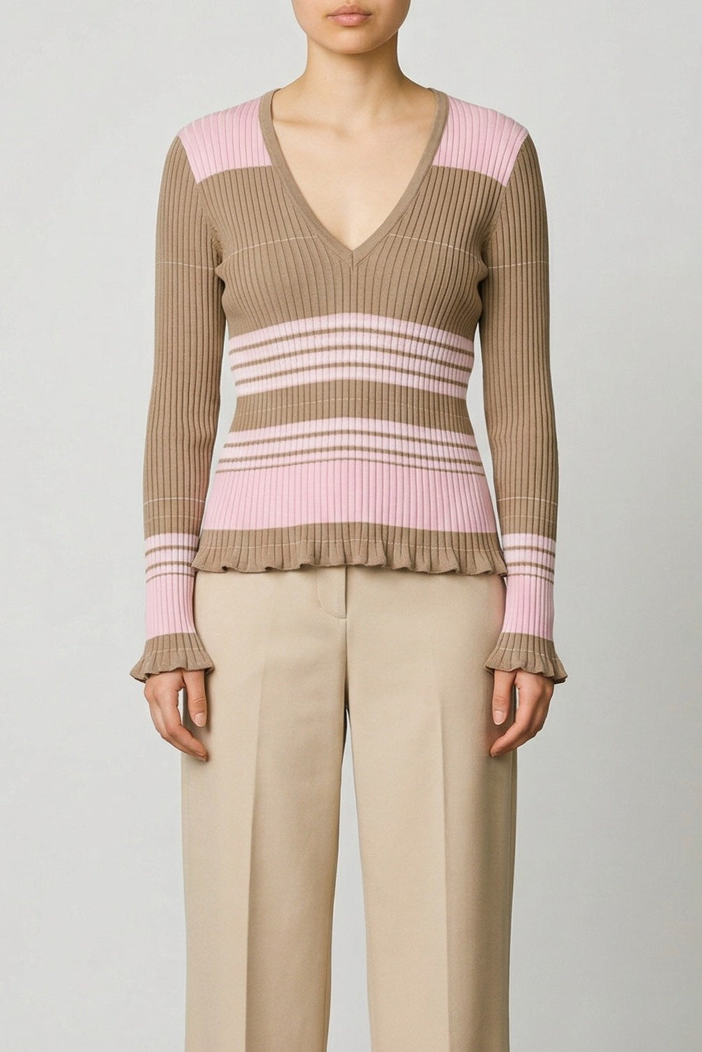 Striped Silk Cotton V Neck Sweater