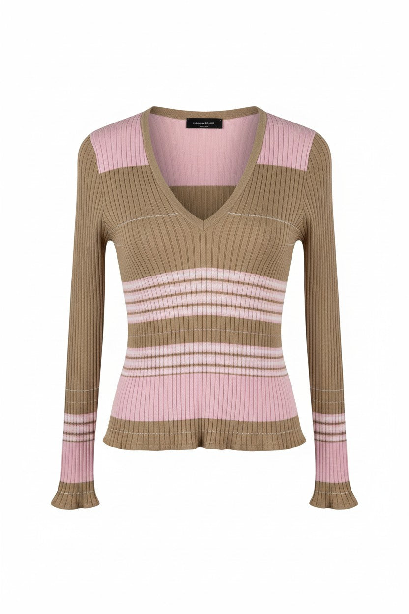 Striped Silk Cotton V Neck Sweater
