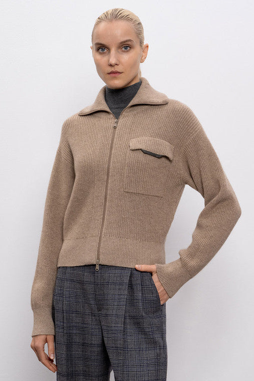 Zip-Up Ribbed Cashmere Cardigan