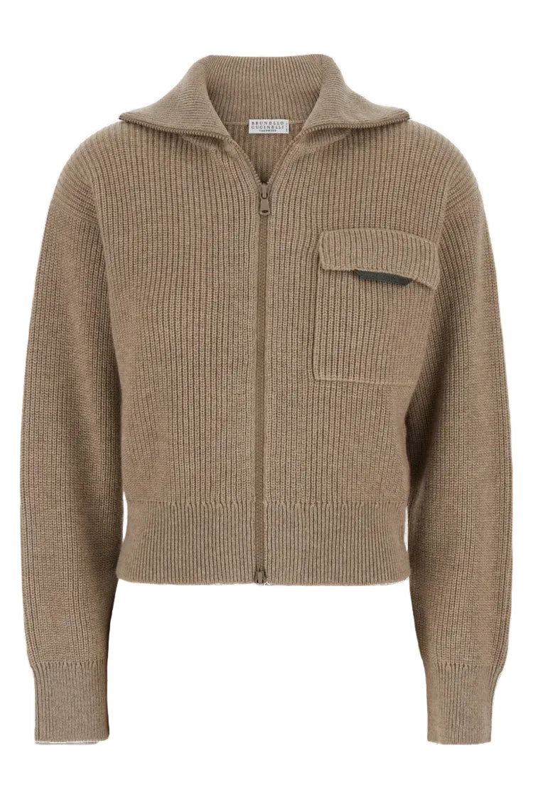 Zip-Up Ribbed Cashmere Cardigan