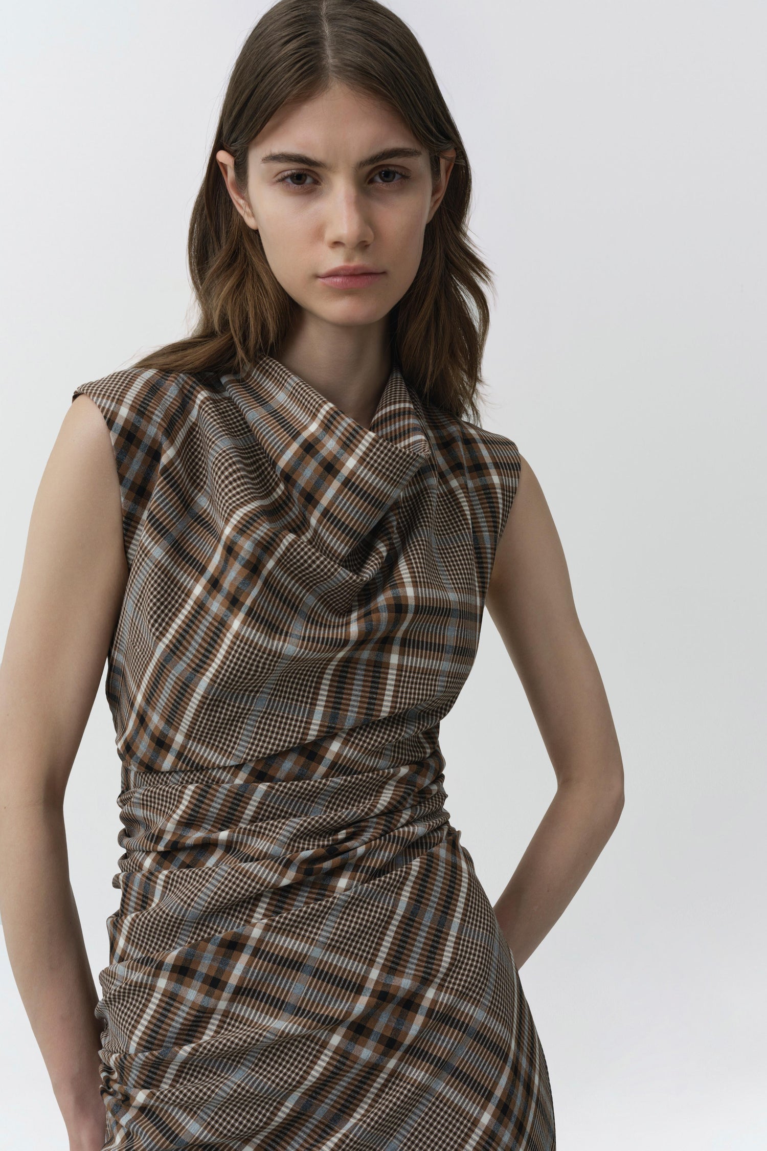 Burke Draped Midi Dress in Otter Plaid - SIMKHAI