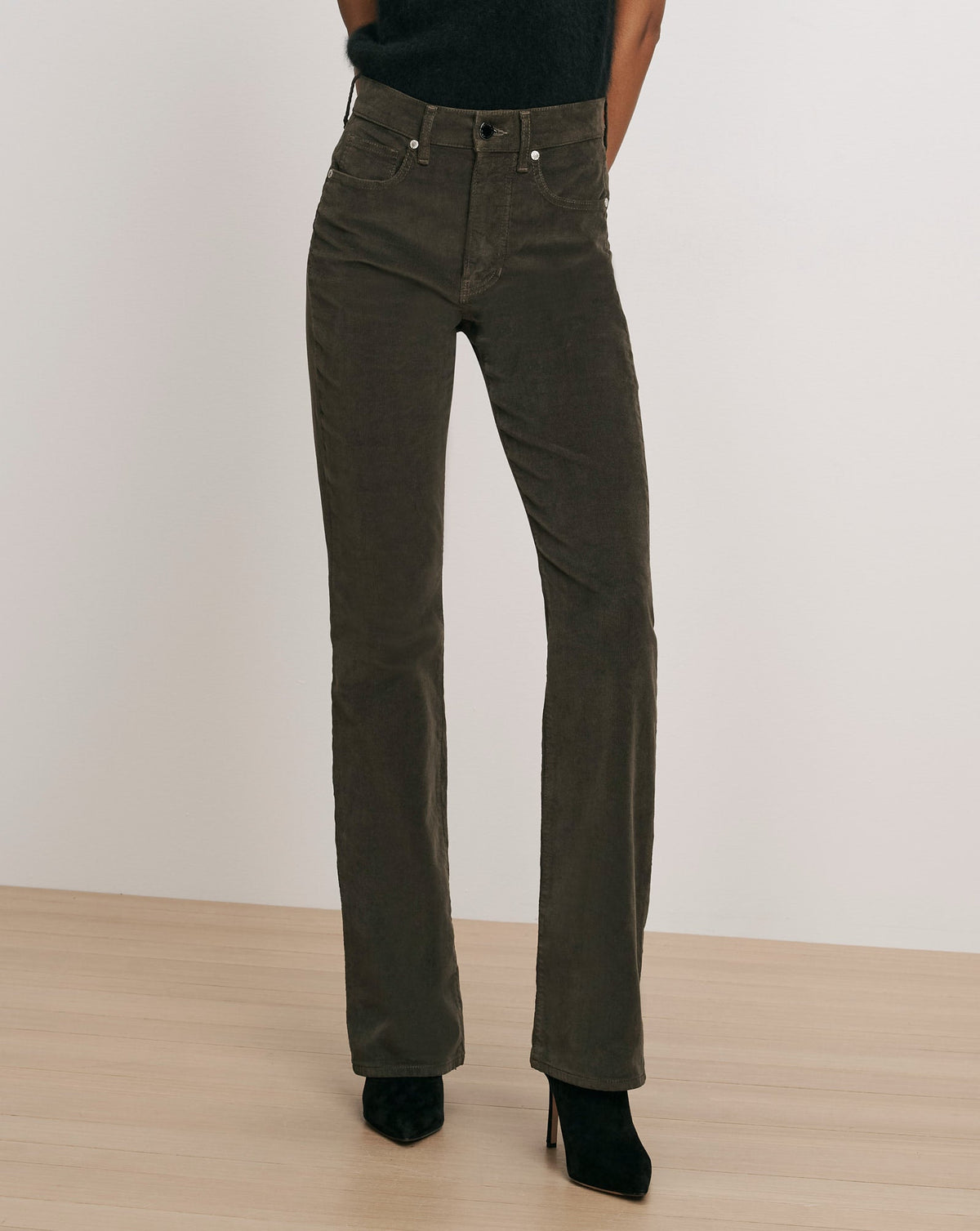 Veronica Beard Cameron Mid Rise Bootcut Cord in Loden close up