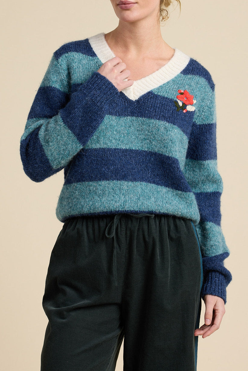 Chalet V-Neck Sweater Indigo Stripe