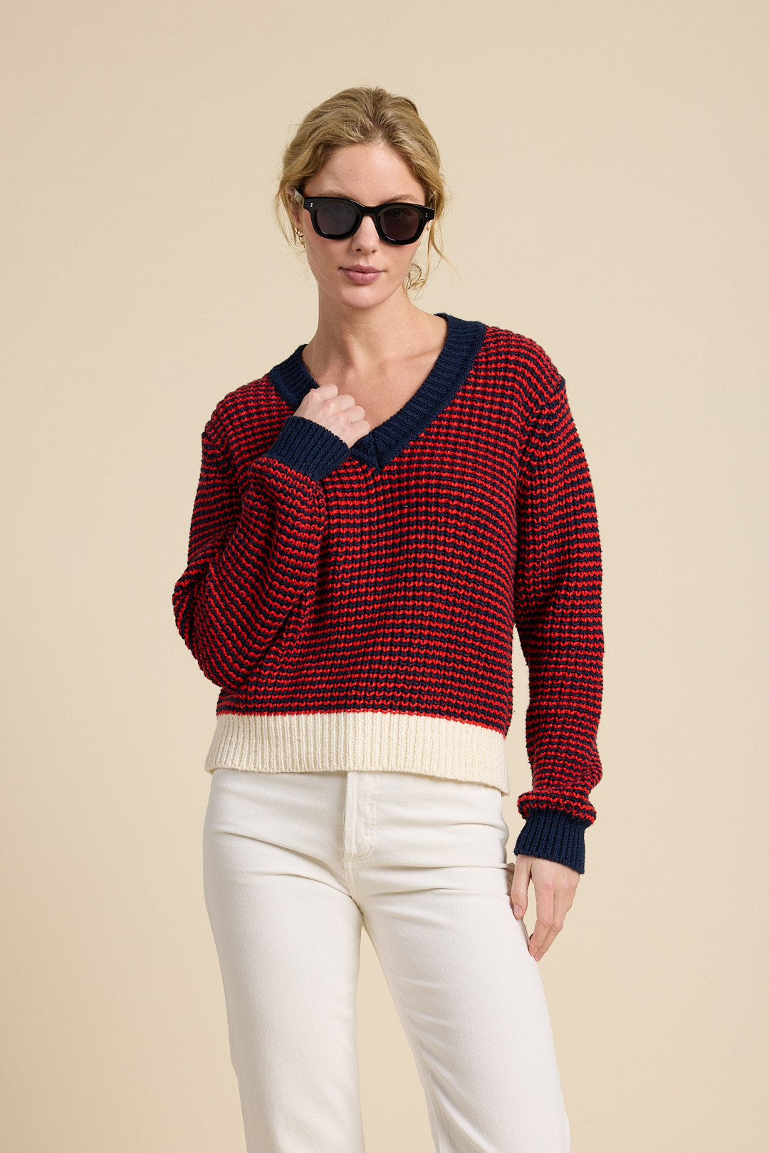 Chalet V-Neck Sweater Navy Stripe