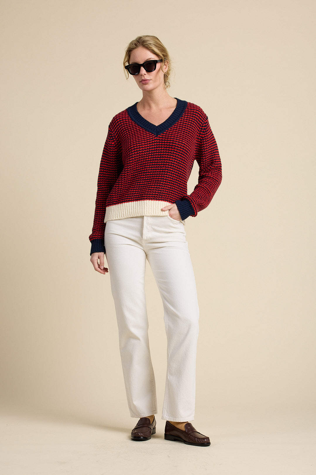 Chalet V-Neck Sweater Navy Stripe