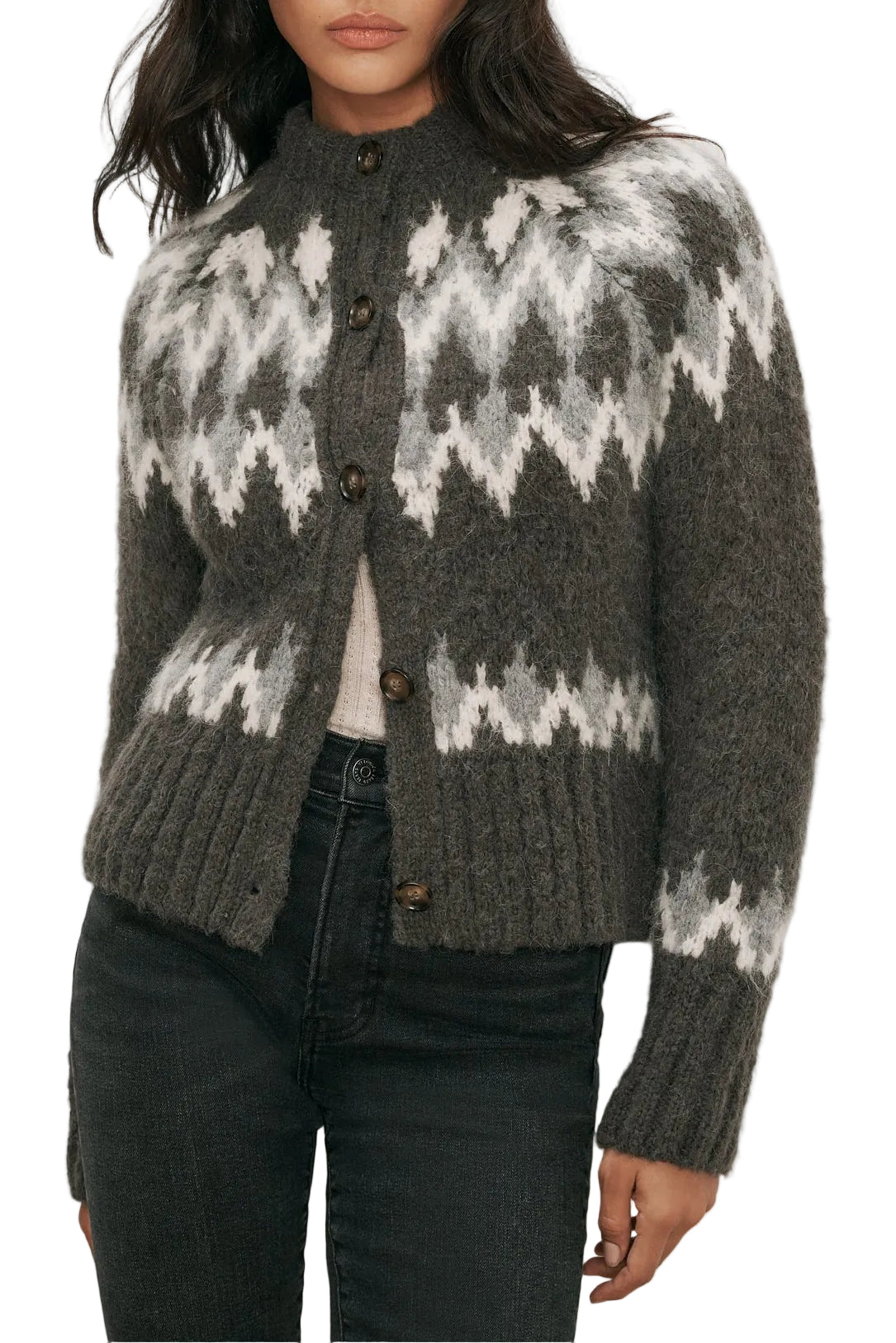 Veronica Beard Christina Fairisle Cardigan in Green Shadow Multi front