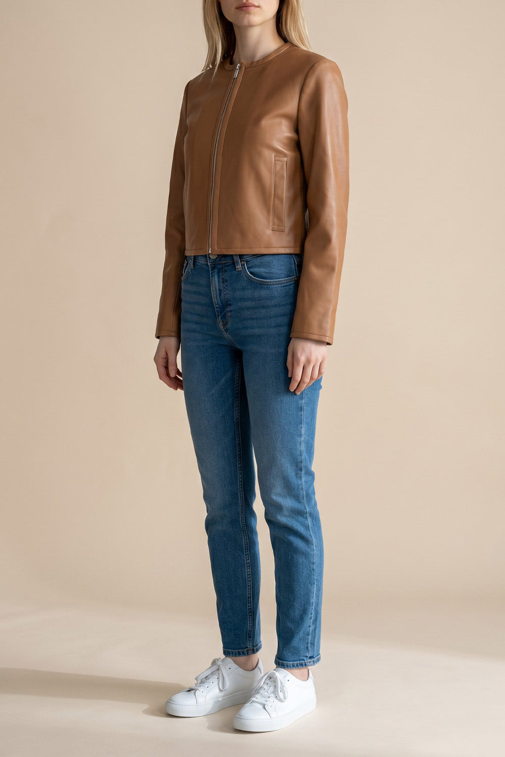 Collarless Zip Leather Jacket