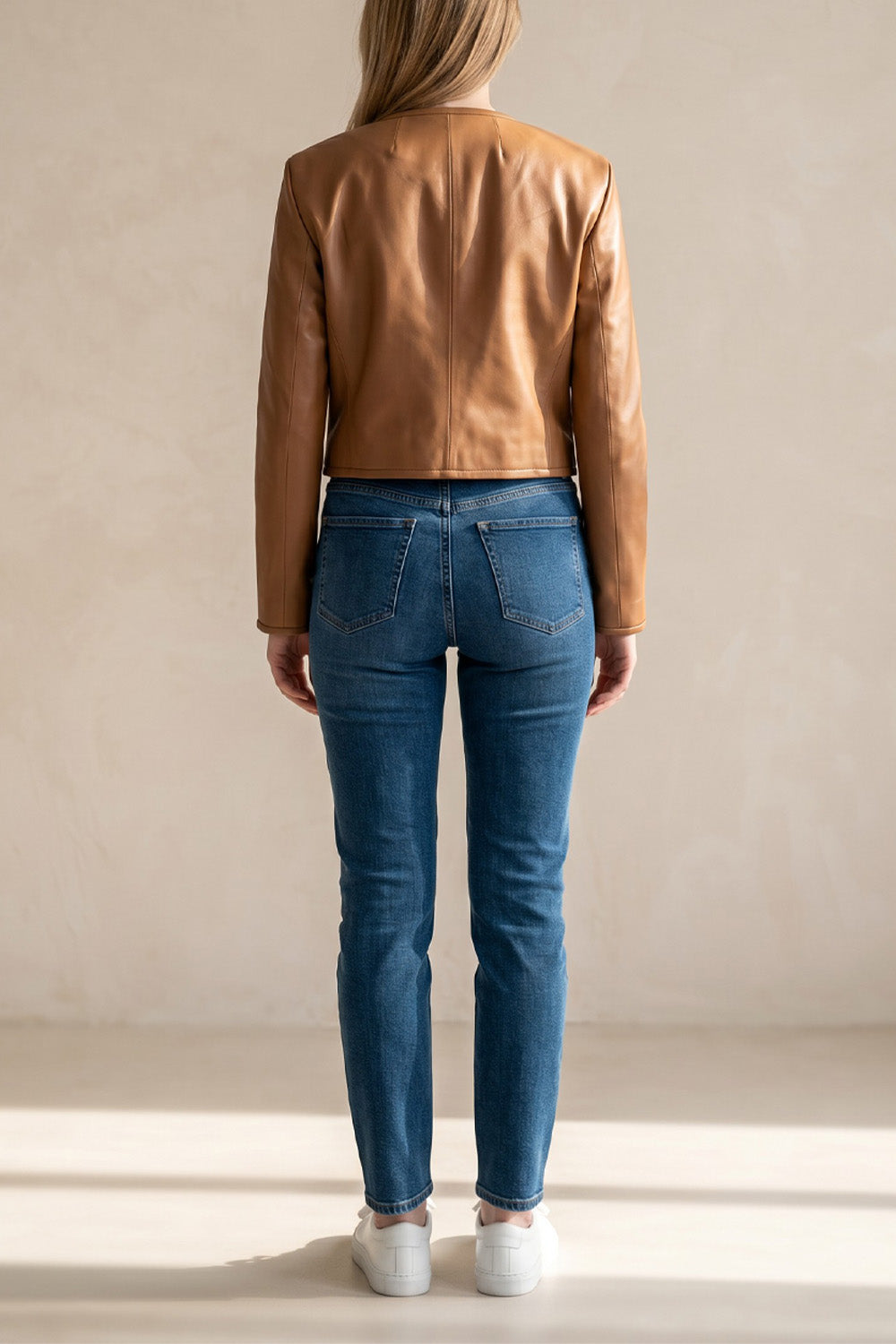 Collarless Zip Leather Jacket