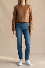 Collarless Zip Leather Jacket