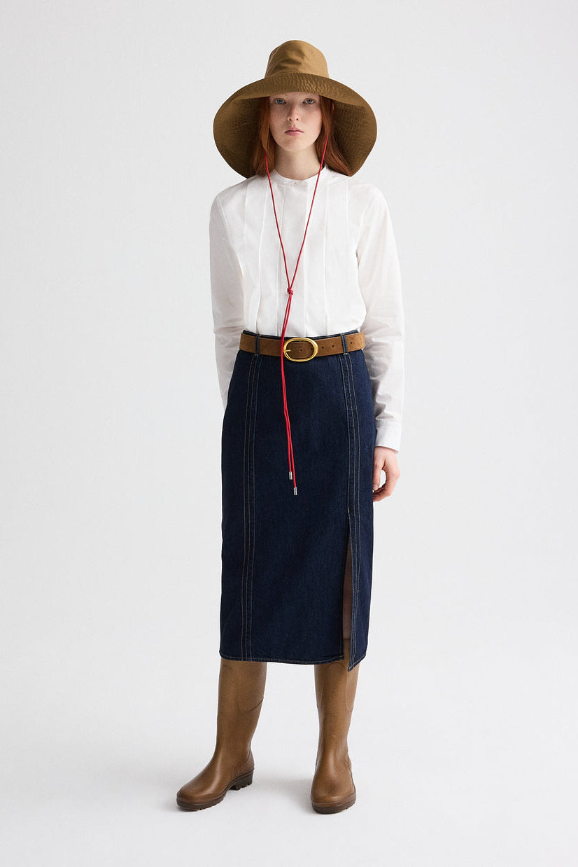 Denim Skirt with Seams – High Rise Midi Skirt