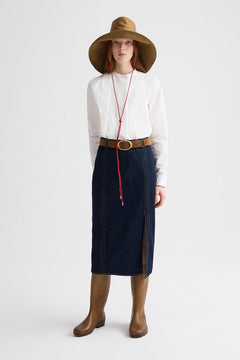 Denim Skirt with Seams – High Rise Midi Skirt