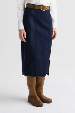 Denim Skirt with Seams – High Rise Midi Skirt