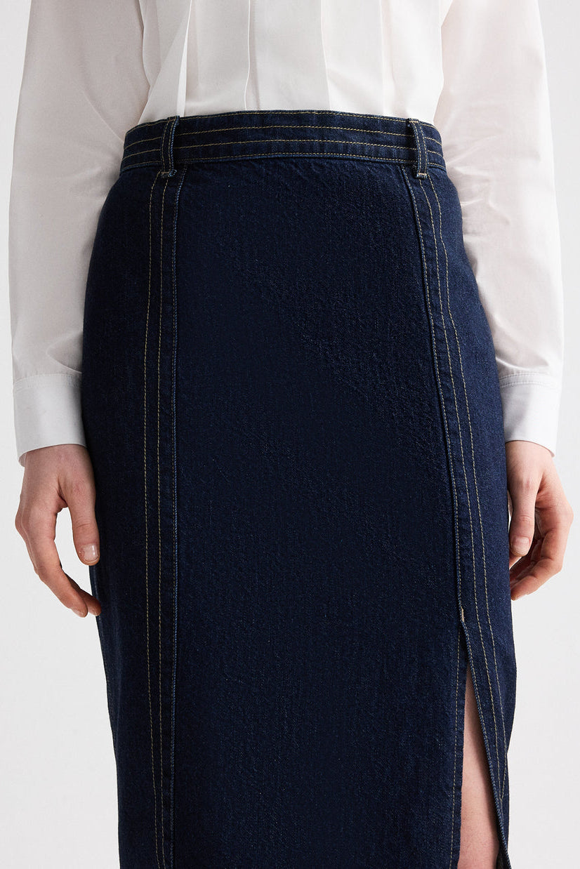 Denim Skirt with Seams – High Rise Midi Skirt