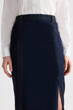 Denim Skirt with Seams – High Rise Midi Skirt