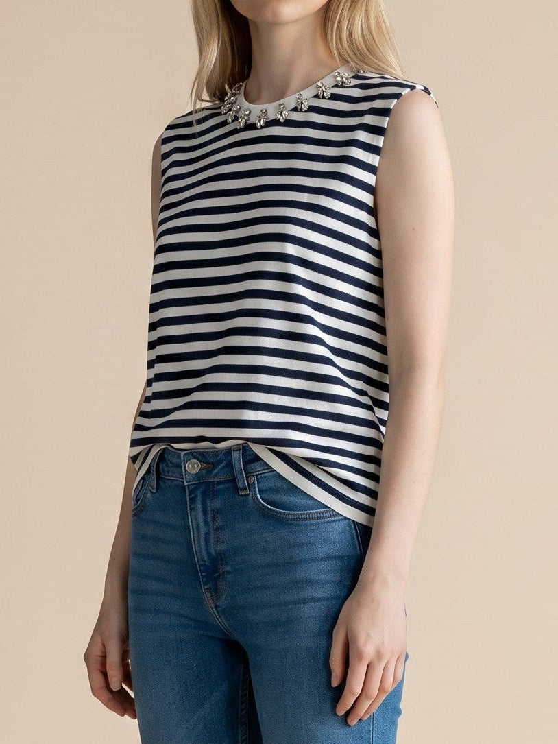 Embellished Collar Striped Tank