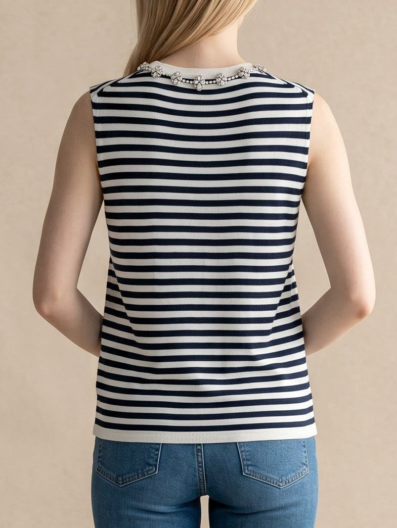 Embellished Collar Striped Tank