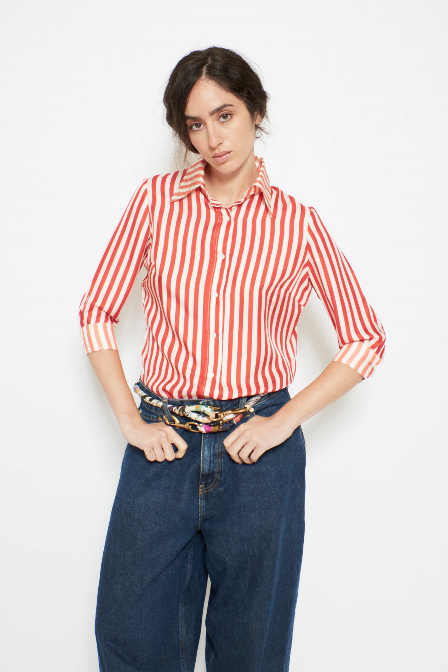 EMMANUELLE Women’s Shirt | Mix Raye Coquelicot Ecru Stylish Shirt
