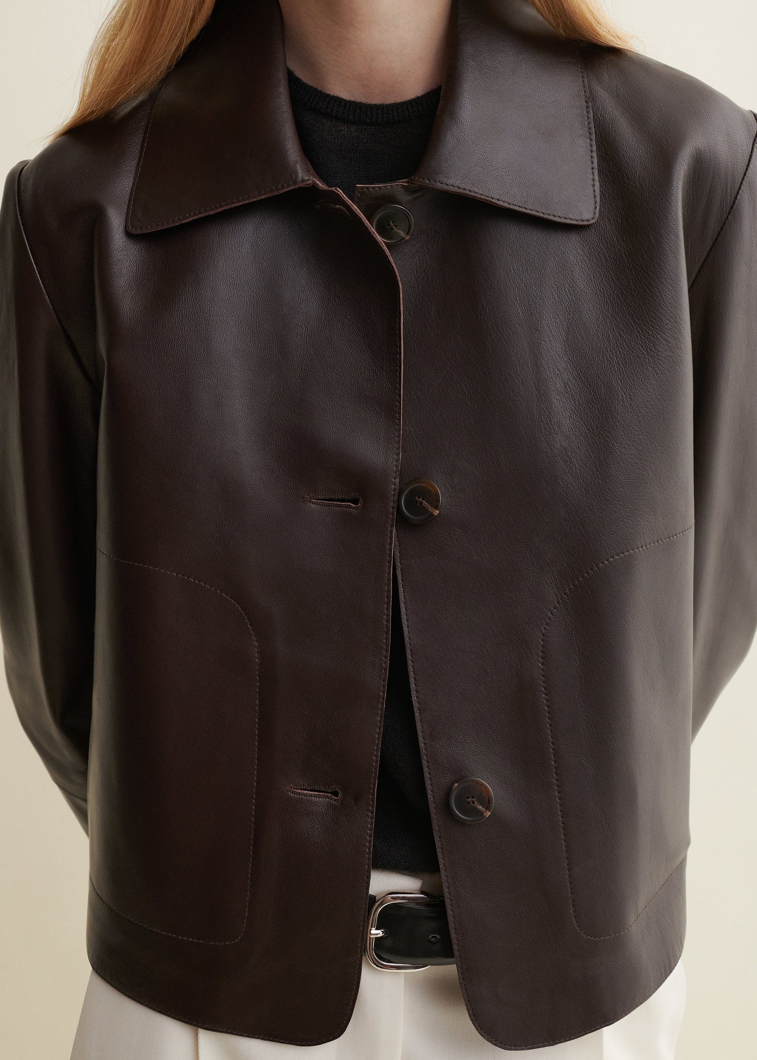 Emy Lamb Butter leather jacket, Coffee Bean - pocket and button detail
