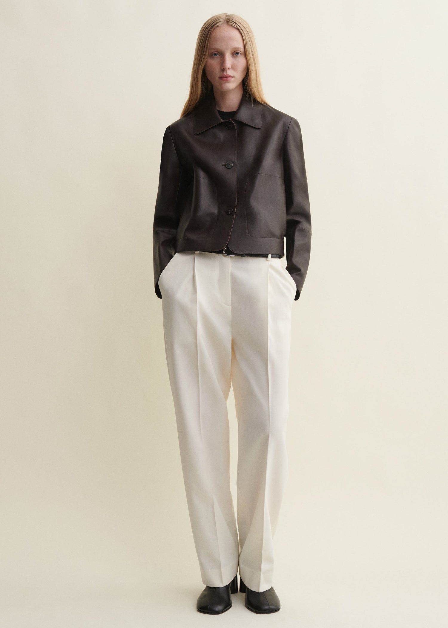 Emy Lamb Butter leather jacket, Coffee Bean - front view on model