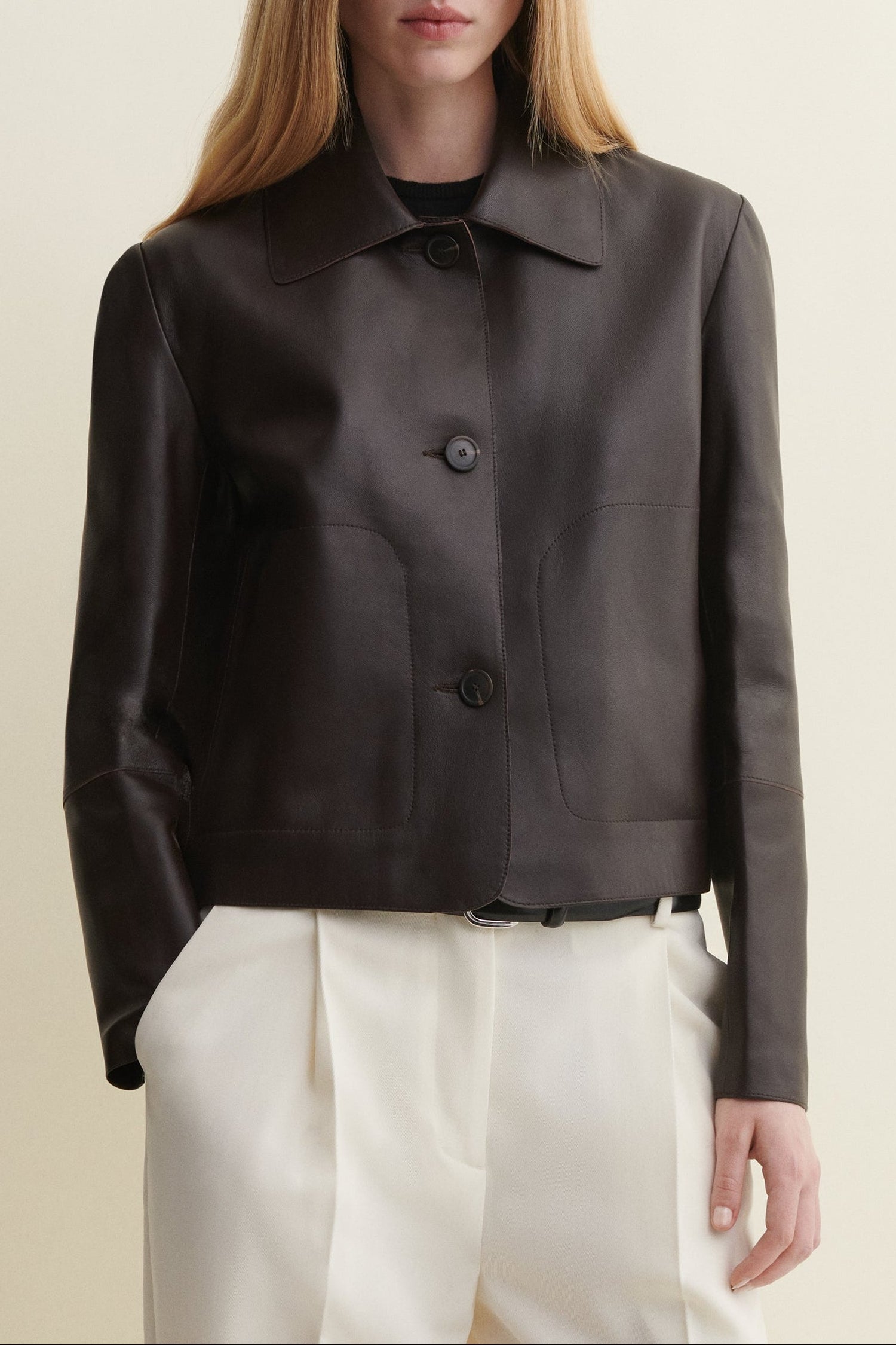 Emy Lamb Butter leather jacket, Coffee Bean - close crop showing lips and jacket collar, nose partially visible