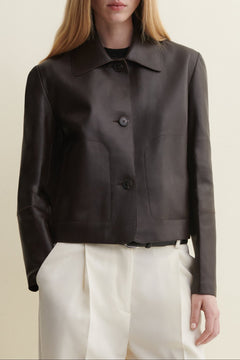 Emy Lamb Butter leather jacket, Coffee Bean - close crop showing lips and jacket collar, nose partially visible