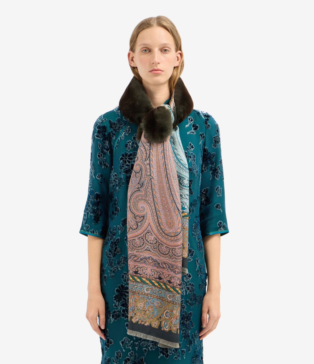 Fanory Silk Scarf with Faux Fur 65x190