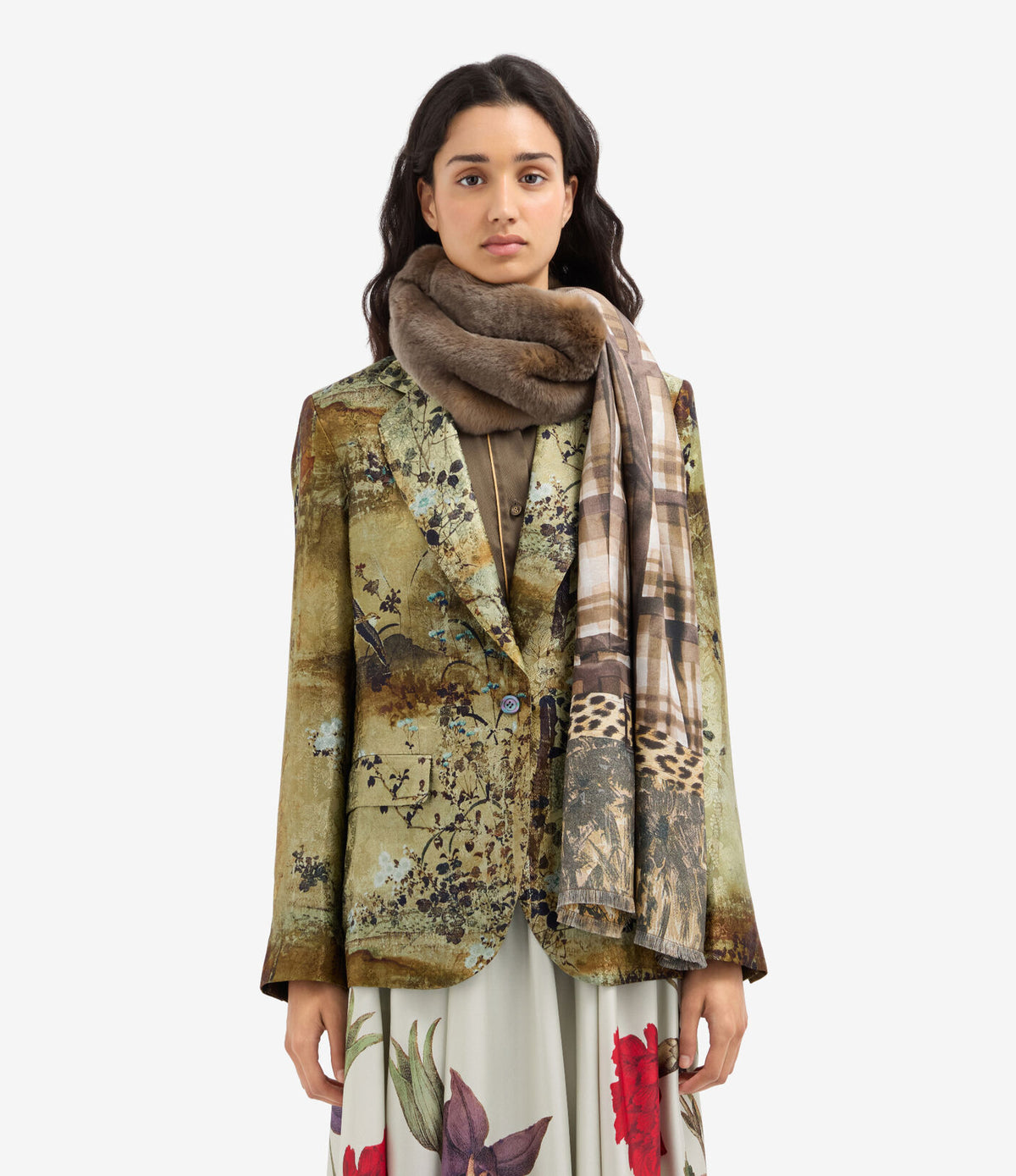 Fanory Silk Scarf with Faux Fur 65x190