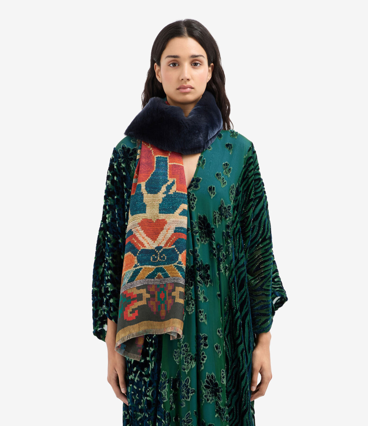 Fanory Silk Scarf with Faux Fur 65x190