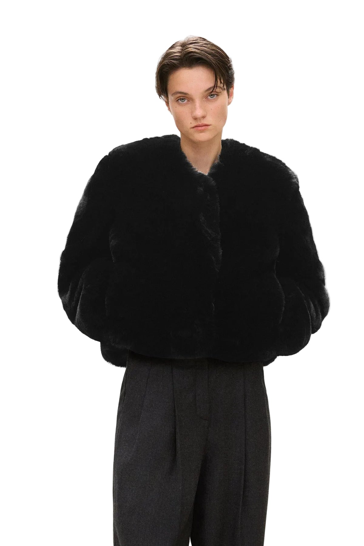 V-Neck Jacket in Faux Fur Black