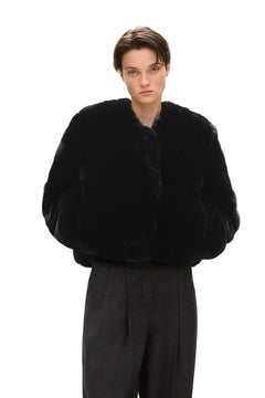 V-Neck Jacket in Faux Fur Black
