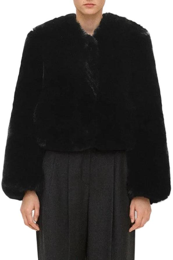 V-Neck Jacket in Faux Fur Black