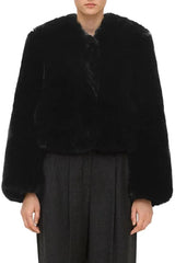 V-Neck Jacket in Faux Fur Black
