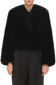 V-Neck Jacket in Faux Fur Black