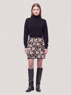 Andrè Maurice short knitted skirt in floral jacquard, Nero Duna — full look