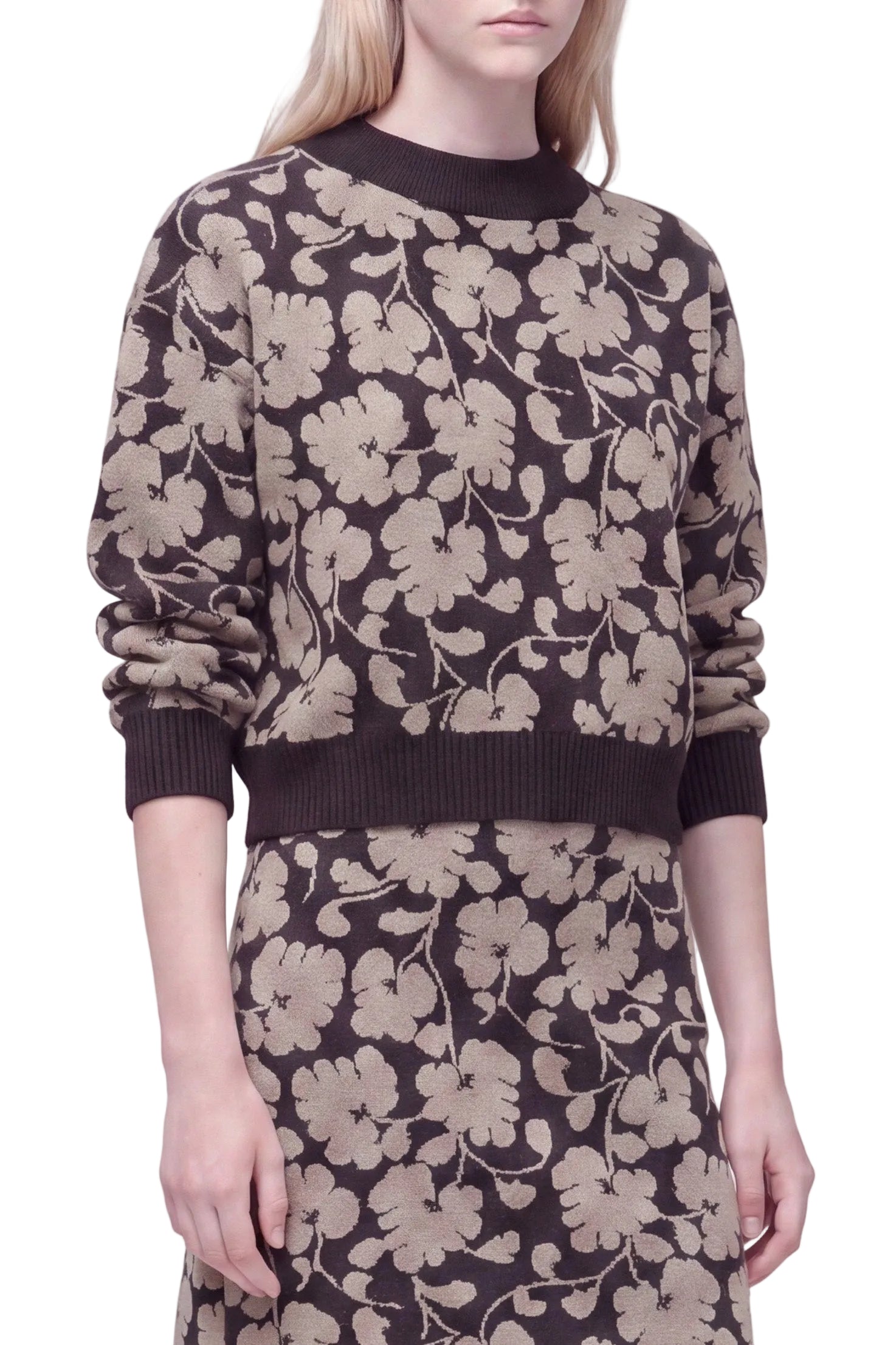 Andrè Maurice crew-neck sweater in floral jacquard, Nero Duna — front