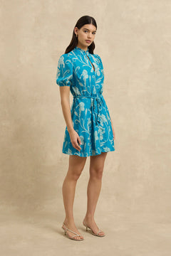 Gaia Silk Mini Dress with Stand Collar and Tie Belt