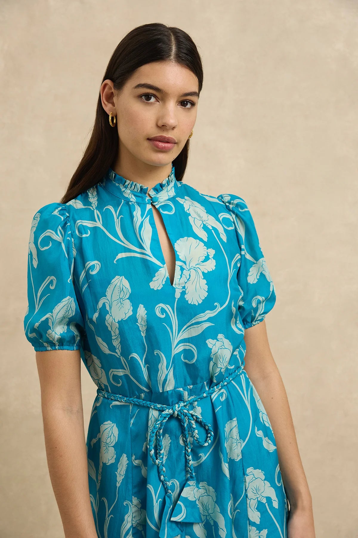 Gaia Silk Mini Dress with Stand Collar and Tie Belt