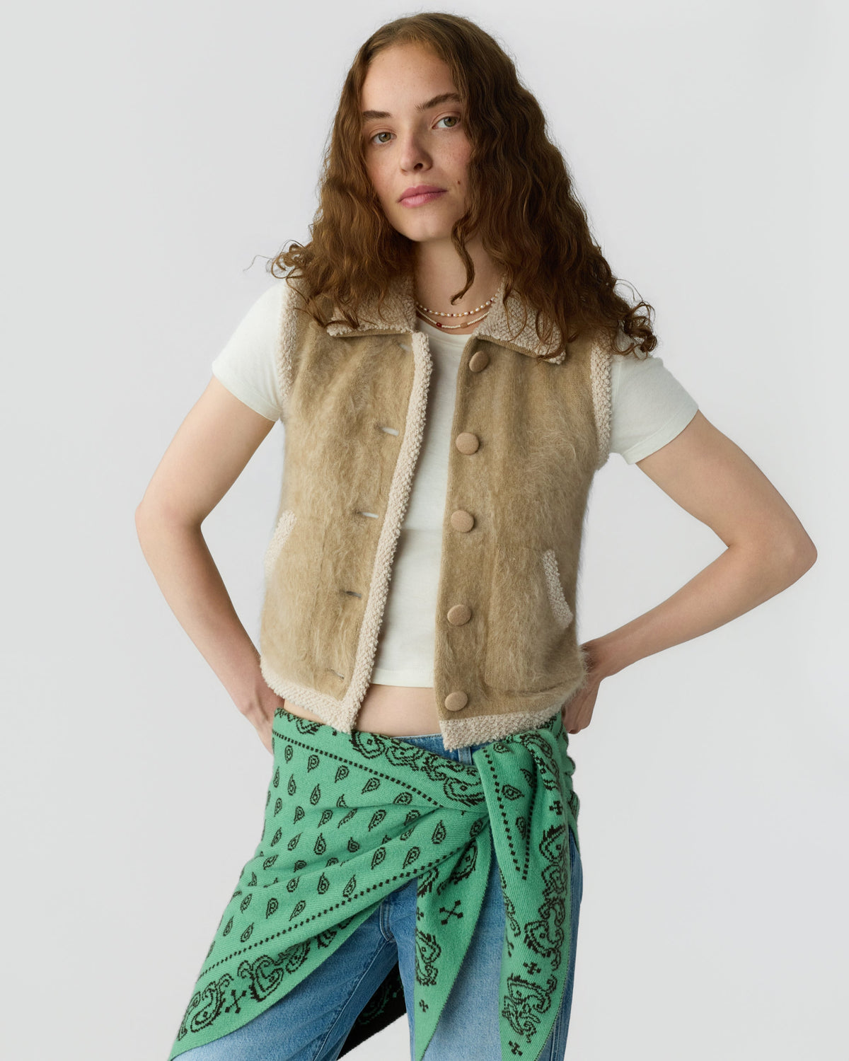 Guest In Residence Grizzly Wrangler Vest in Camel close up