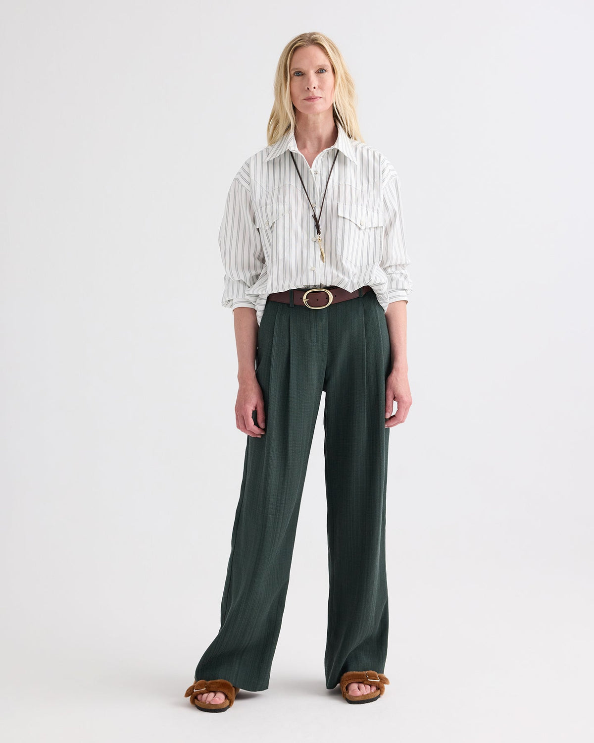 TWP Highway Man Shirt in Mixed Hairline Cotton Stripe, White / Green