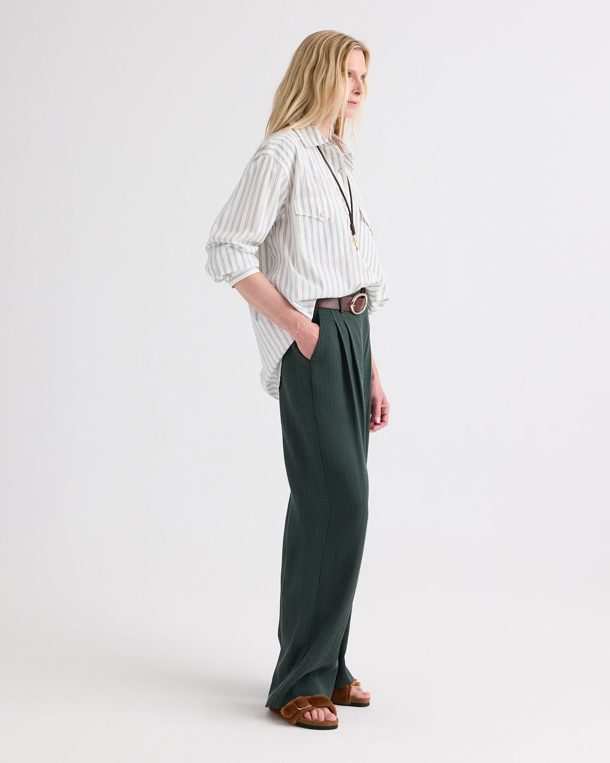 TWP Highway Man Shirt in Mixed Hairline Cotton Stripe, White / Green