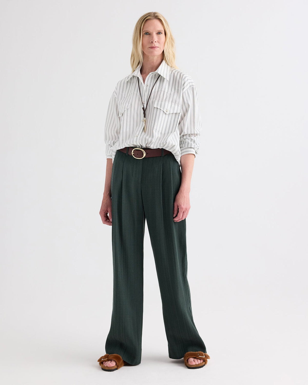 TWP Highway Man Shirt in Mixed Hairline Cotton Stripe, White / Green
