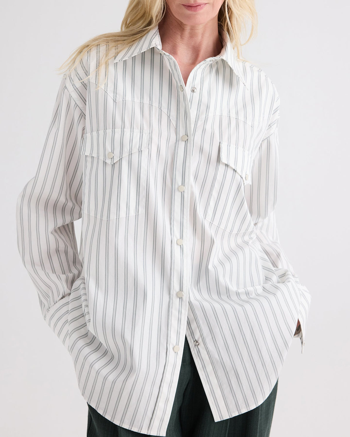 TWP Highway Man Shirt in Mixed Hairline Cotton Stripe, White / Green