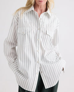 TWP Highway Man Shirt in Mixed Hairline Cotton Stripe, White / Green