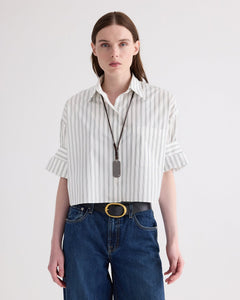 TWP Next Ex Shirt in Mixed Hairline Stripe, White / Green